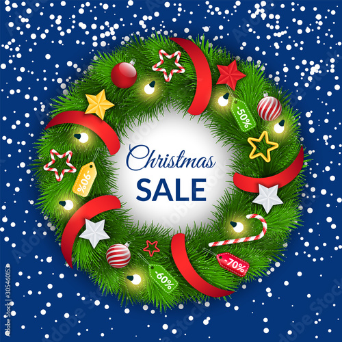 Christmas sale vector, wreath made of pine tree branches. Xmas symbol composition of spruce and baubles. Red ribbons and golden garlands bulbs with sweets. Traditional candy stick and star toy