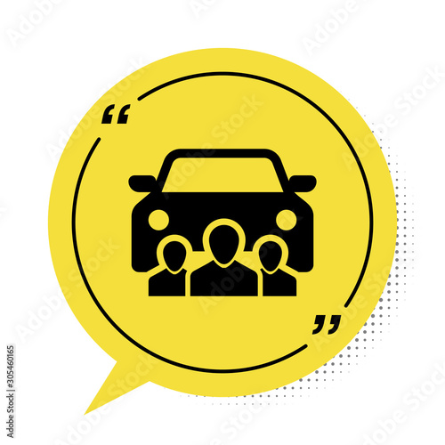Black Car sharing with group of people icon isolated on white background. Carsharing sign. Transport renting service concept. Yellow speech bubble symbol. Vector Illustration