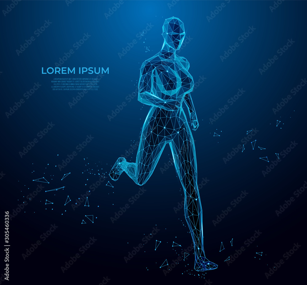 Human body low poly wireframe. Athlete, Running girl from triangles, low poly style. sport concept. human anatomy. Polygonal wireframe mesh art.