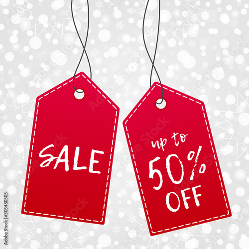 Shopping tag for sale up to 50%. Vector icon with snow pattern. Snowflake background. Illustration sign for winter season