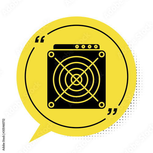 Black ASIC Miner icon isolated on white background. Cryptocurrency mining equipment and hardware. Application specific integrated circuit. Yellow speech bubble symbol. Vector Illustration
