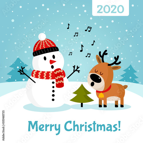 Snowman with deer singing song near Christmas tree © nasik