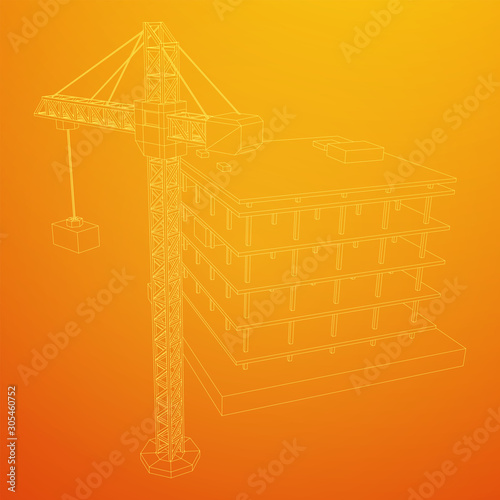 Building under construction with crane. Build house construct in process. Wireframe low poly mesh vector illustration