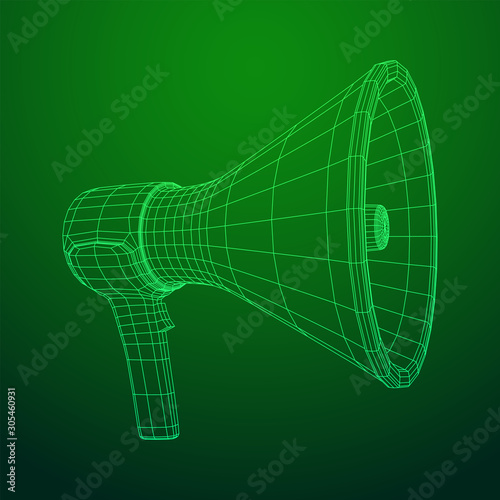Megaphone or bullhorn for amplifying voice for protests rallies or public speaking. Wireframe low poly mesh vector illustration