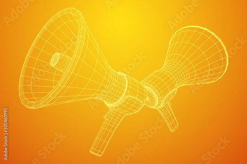 Megaphone or bullhorn for amplifying voice for protests rallies or public speaking. Wireframe low poly mesh vector illustration