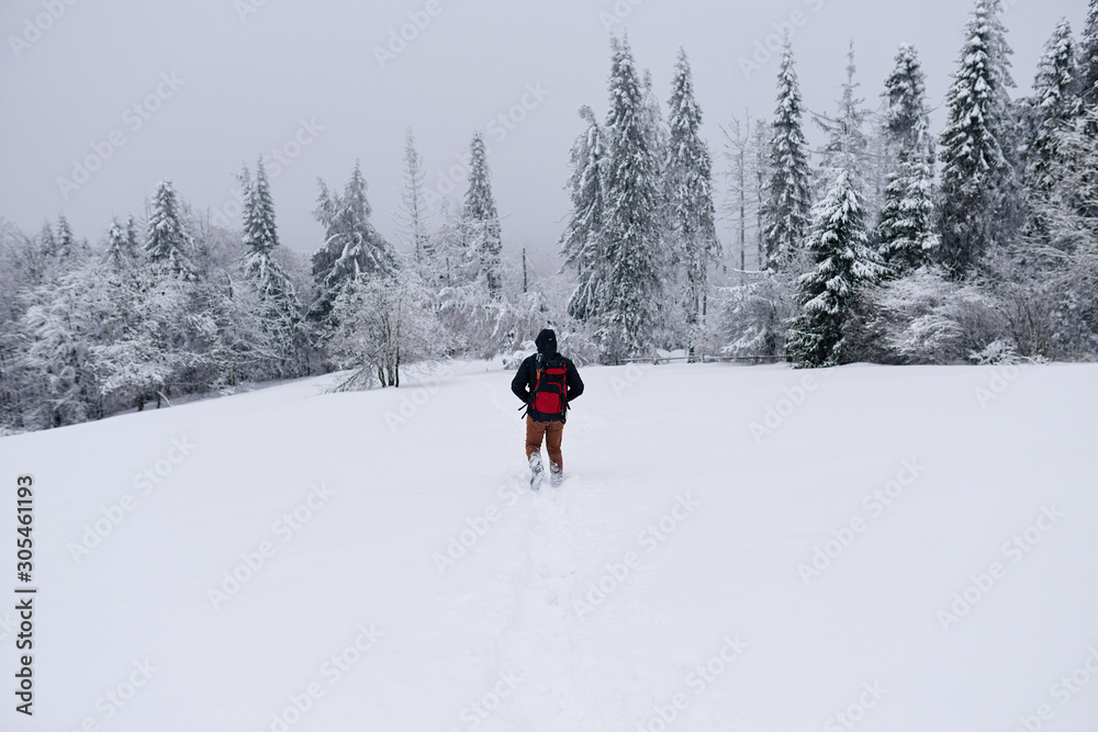 Hiker walking alone through snow covered field in winter