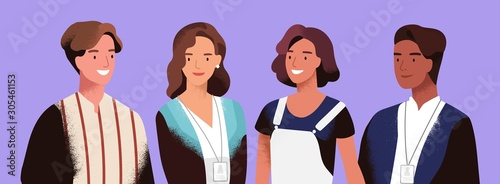 Business partners, team, coworkers vector illustration. Partnership, teamwork, cooperation concept. Company staff, colleagues, businesspeople cartoon characters isolated on blue background.