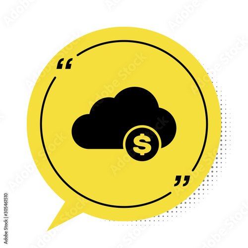 Black Cryptocurrency cloud mining icon isolated on white background. Blockchain technology, bitcoin, digital money market, cryptocoin wallet. Yellow speech bubble symbol. Vector Illustration