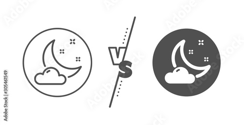 Moon with cloud sign. Versus concept. Night weather line icon. Sleep symbol. Line vs classic night weather icon. Vector