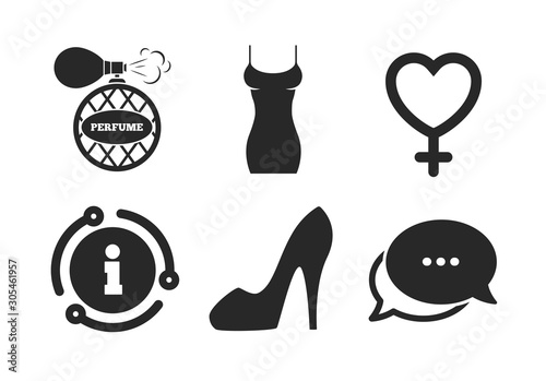 Sexy shoe sign. Chat, info sign. Women dress icon. Perfume glamour fragrance symbol. Classic style speech bubble icon. Vector