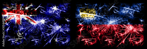 Australia, Ozzie vs Liechtenstein, Liechtensteins New Year celebration sparkling fireworks flags concept background. Combination of two abstract states flags. © Vlad