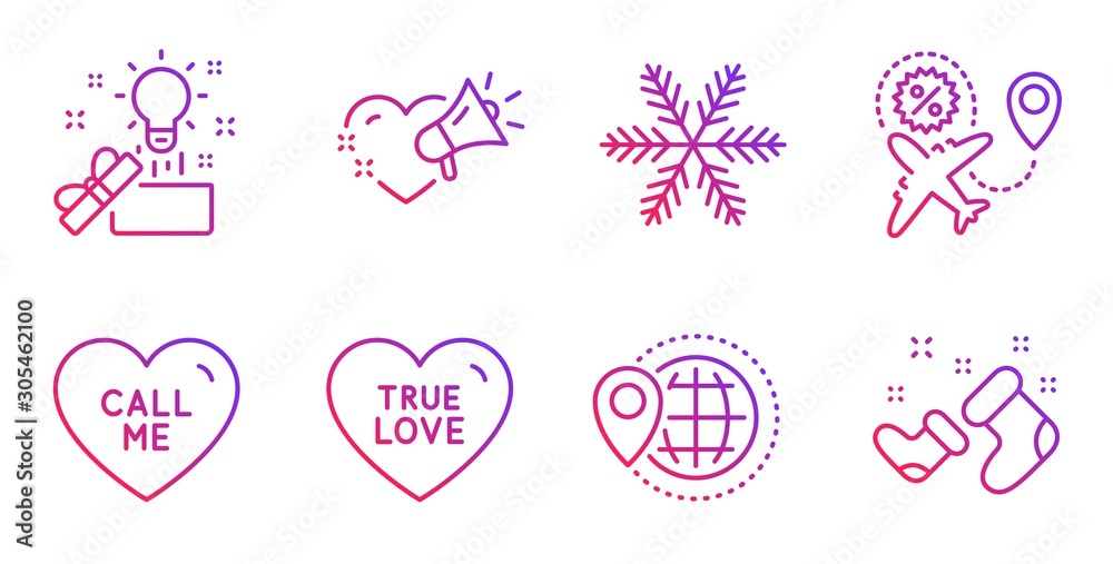 Flight sale, Snowflake and Creative idea line icons set. Call me, True love and World travel signs. Love message, Santa boots symbols. Travel discount, Air conditioning. Holidays set. Vector