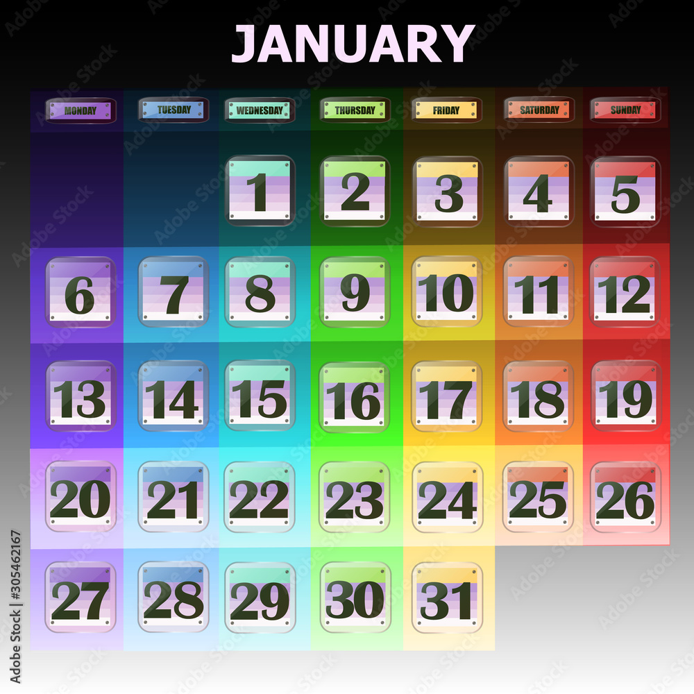 Colorful Calendar For January 2020 In English Set Of Buttons With