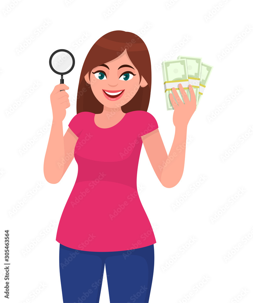 Young woman holding magnifying glass. Girl showing cash, money, currency notes in hand. Female character design illustration. Modern lifestyle, finance, payment concept in vector cartoon style.