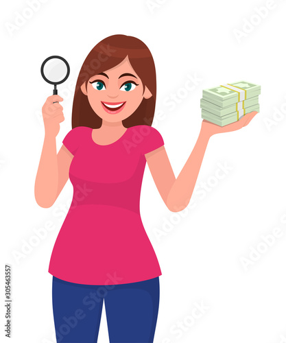 Young woman holding magnifying glass. Girl showing cash, money, currency notes in hand. Female character design illustration. Modern lifestyle, finance, payment concept in vector cartoon style.