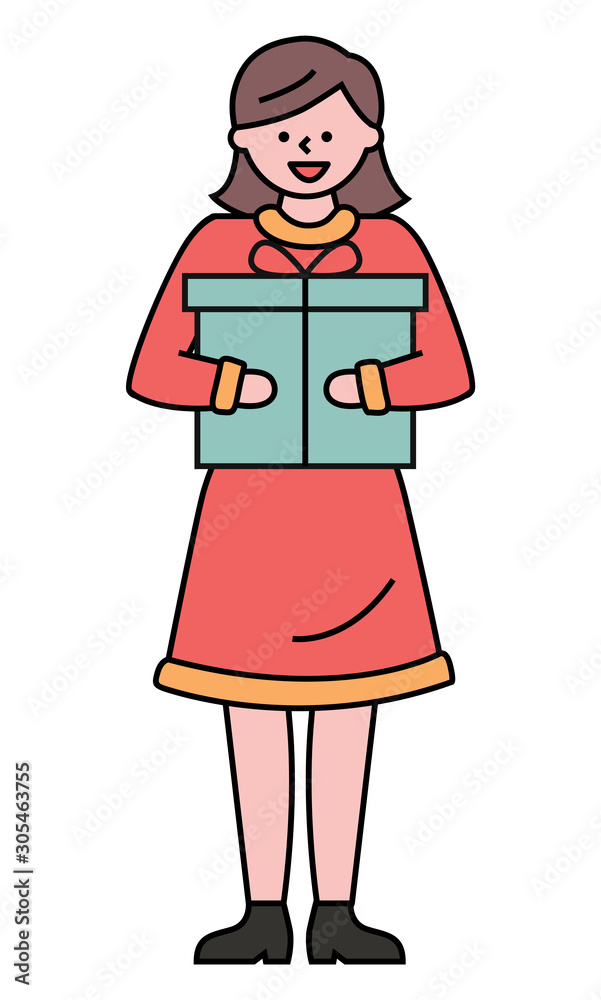 Christmas celebration of kid vector, isolated female character with box. Happy girl holding present on holiday. Greeting with special occasion, birthday or xmas. Winter event flat style illustration Christmas celebration of kid vector, isolated female character with box. Happy girl holding present on holiday. Greeting with special occasion, birthday or xmas. Winter event flat style illustration