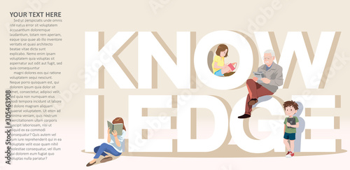 Reading people or novel fans. old man  and girls with books, readers, isolated on light brown background. Modern flat cartoon colorful vector illustration with sample text.