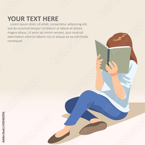 Girl reading book. Readers, isolated on light brown background. Modern flat cartoon colorful vector illustration. photo