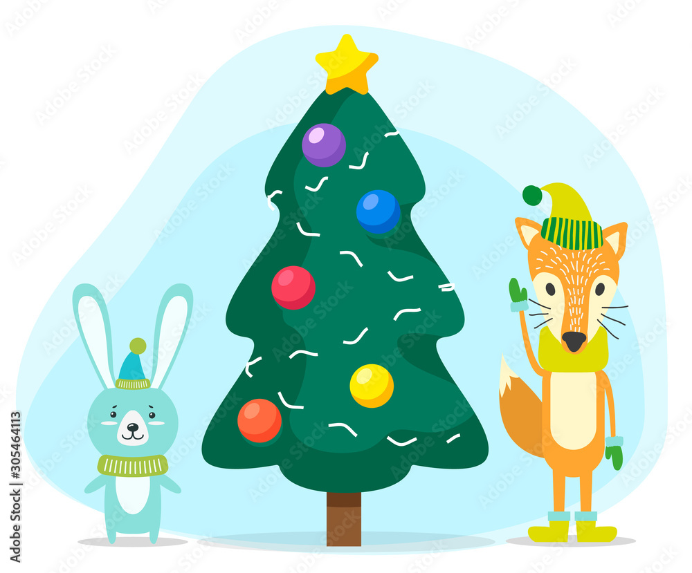 Naklejka premium Cute animals wearing winter warm clothes knitted from wool. Fox and bunny standing by pine tree decorated with baubles and garlands. Furry rabbit with hat and scarf by spruce. Vector in flat