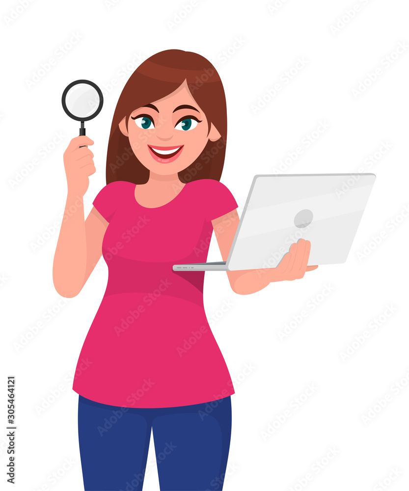 Young woman showing magnifying glass. Girl holding new digital laptop computer. Female character design illustration. Modern lifestyle, device technology gadget concept in vector cartoon style. Young woman showing magnifying glass. Girl holding new digital laptop computer. Female character design illustration. Modern lifestyle, device technology gadget concept in vector cartoon style.