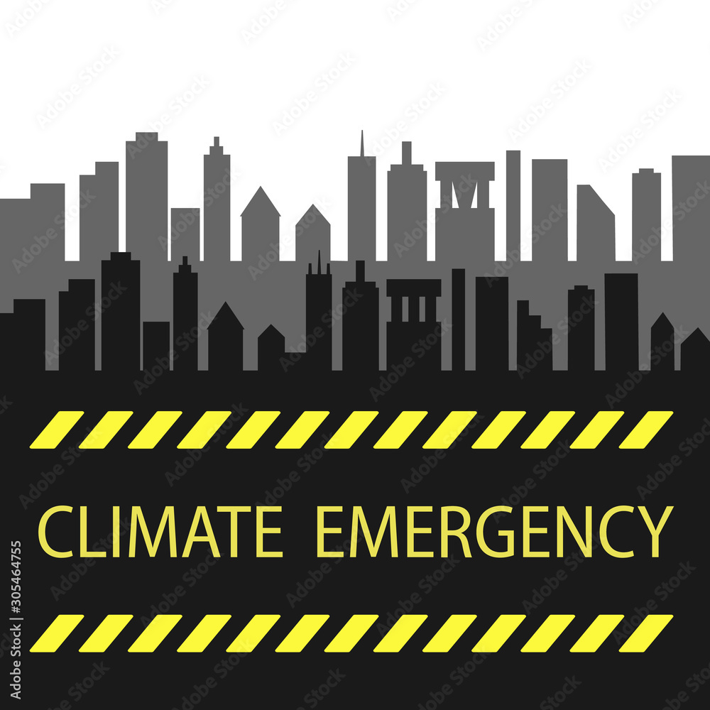 Yellow words Climate Emergency on a black city background. Danger, attention, environmental pollution of water, air, ecological problems, global warming. Vector flat illustration white background.