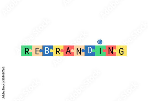 The word Rebranding and multi-colored cubes puzzles, planet icon. Flat vector illustration isolated on white background.