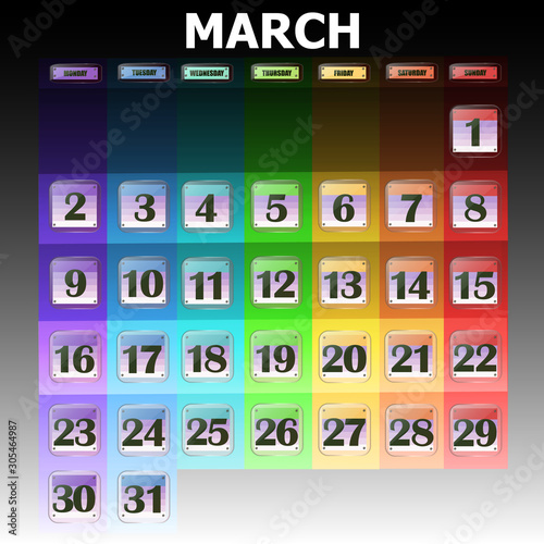 Colorful calendar for March 2020 in english. Set of buttons with calendar dates for the month of March. For planning important days. Banners for holidays and special days. Illustration.