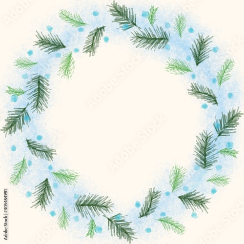 wreath with green and blue colored watercolor painted flowers for Christmas  clipart on a white background