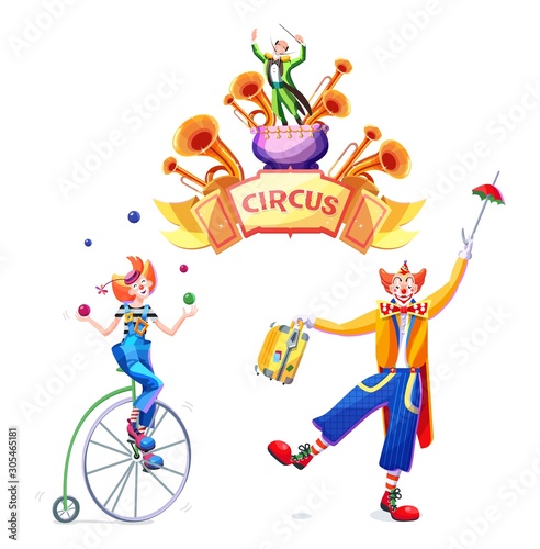 Circus set of character, including juggler by unicycle, clown with umbrella and entertainer with trumpets. Vector isolated illustration on white background. Illustration in cartoon style.