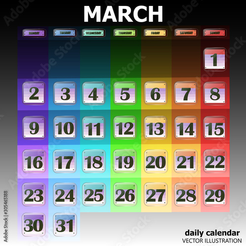 Colorful calendar for March 2020 in english. Set of buttons with calendar dates for the month of March. For planning important days. Banners for holidays and special days. Vector Illustration.