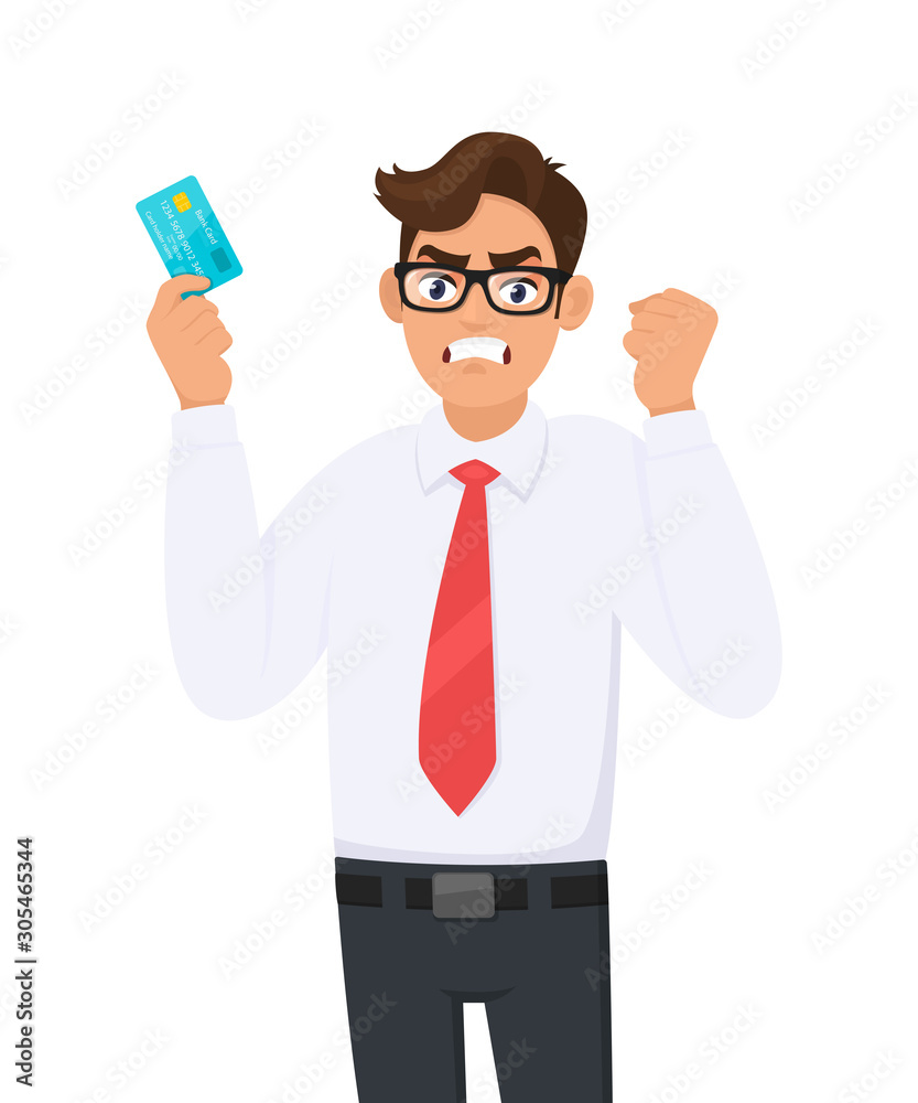 Angry young businessman showing credit, debit, ATM card and raising hand fist. Person holding digital payment card. Male character design illustration. Modern lifestyle concept in cartoon style. Angry young businessman showing credit, debit, ATM card and raising hand fist. Person holding digital payment card. Male character design illustration. Modern lifestyle concept in cartoon style.