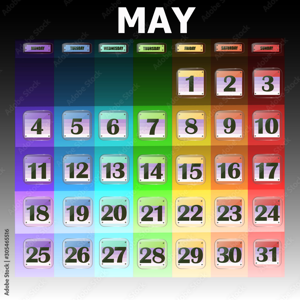Colorful calendar for may 2020 in english set of buttons with calendar