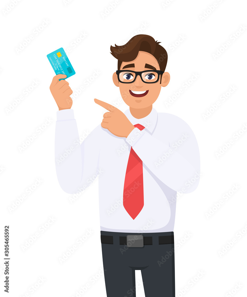 Young businessman showing credit, debit, ATM card and pointing finger. Person holding digital payment card. Male character design illustration. Modern lifestyle, cashless technology in cartoon. Young businessman showing credit, debit, ATM card and pointing finger. Person holding digital payment card. Male character design illustration. Modern lifestyle, cashless technology in cartoon.