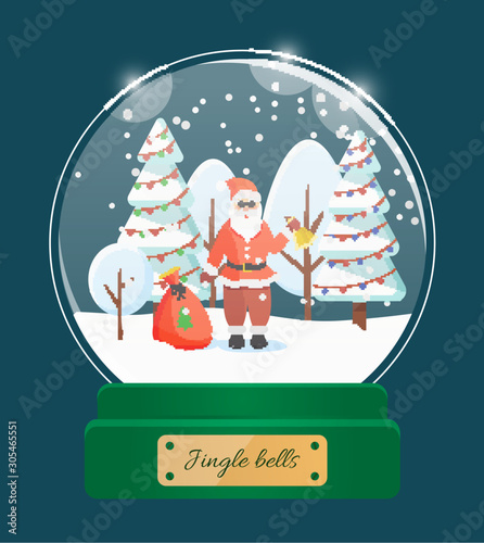 Jingle bells, snow globe toy with glass sphere. Santa Claus wearing red costume holding bell, standing by sack with gifts. Winter landscape with pine decorated with garland and baubles vector