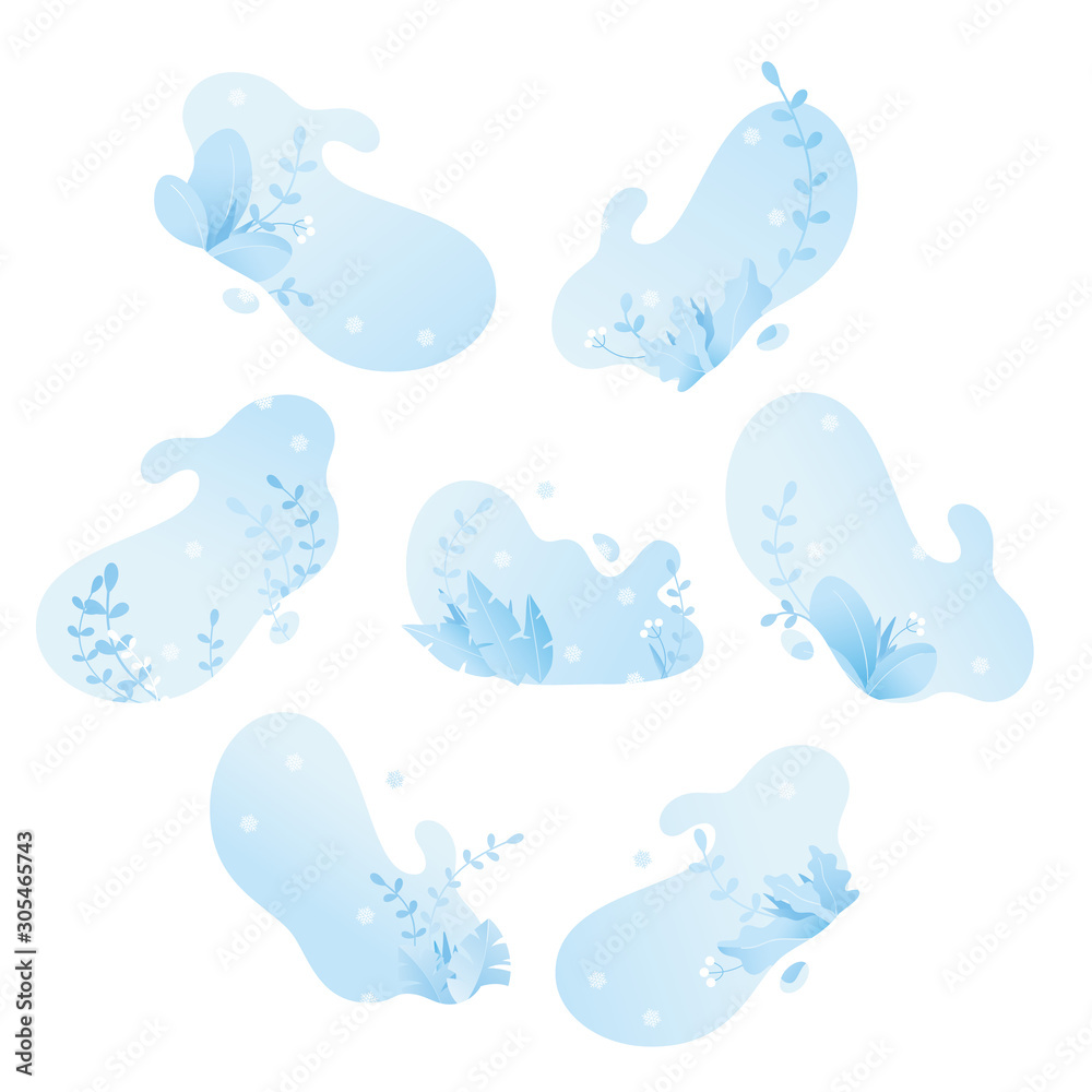 Set Abstract winter background. Vector outdoor design. Christmas card winter landscape with snowflakes, plant and flowers on isolated gradient background. Illustration for cards, banners, invitations Set Abstract winter background. Vector outdoor design. Christmas card winter landscape with snowflakes, plant and flowers on isolated gradient background. Illustration for cards, banners, invitations