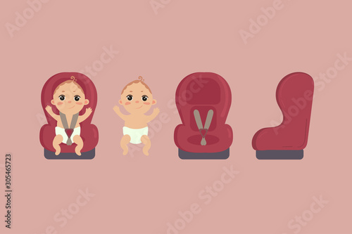 Babyboy sitting in automobile seat. Red car chair for baby boy from different angles. Side and front view of carseat. Vector isolated on white background
