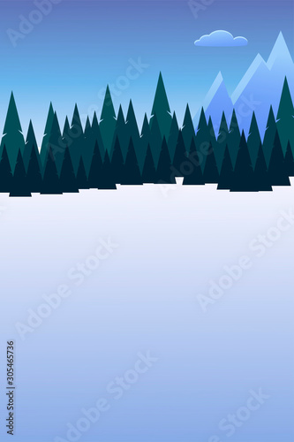 Template for winter postcard. Christmas postcard. Postcard with mountain and christmas tree. Flat style. Vector