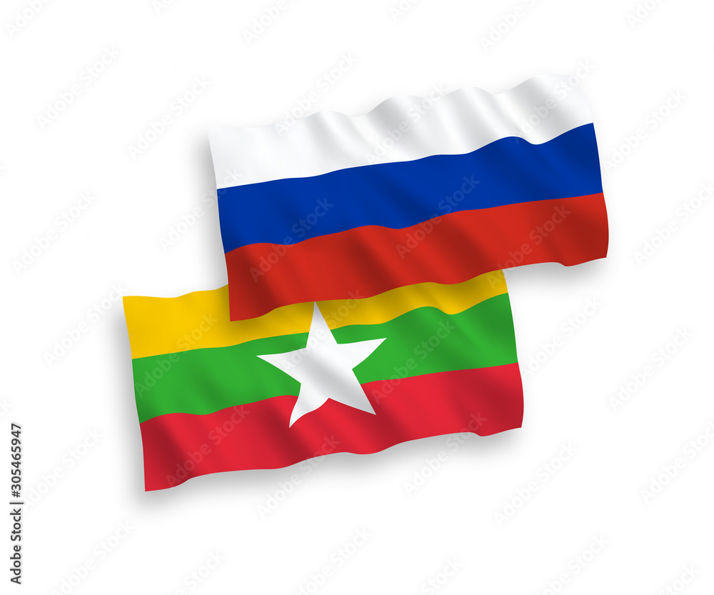 Flags of Myanmar and Russia on a white background Flags of Myanmar and Russia on a white background