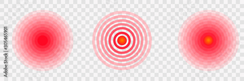 Pain concentration icons. Red and transparent circles showing the epicenter of pain. Pain in muscles, legs, head, body. Vector