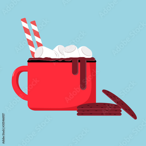 Red cup with marshmallows, candy. and cookies. Christmas drink. Isolated image. Flat style. Vector