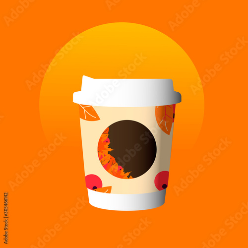 Paper coffee cup, with lid and autumn pattern. Vector