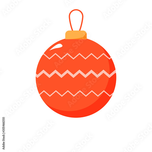 Red christmas ball. Isolated christmas ball with ornament of zigzag. Flat style. Vector