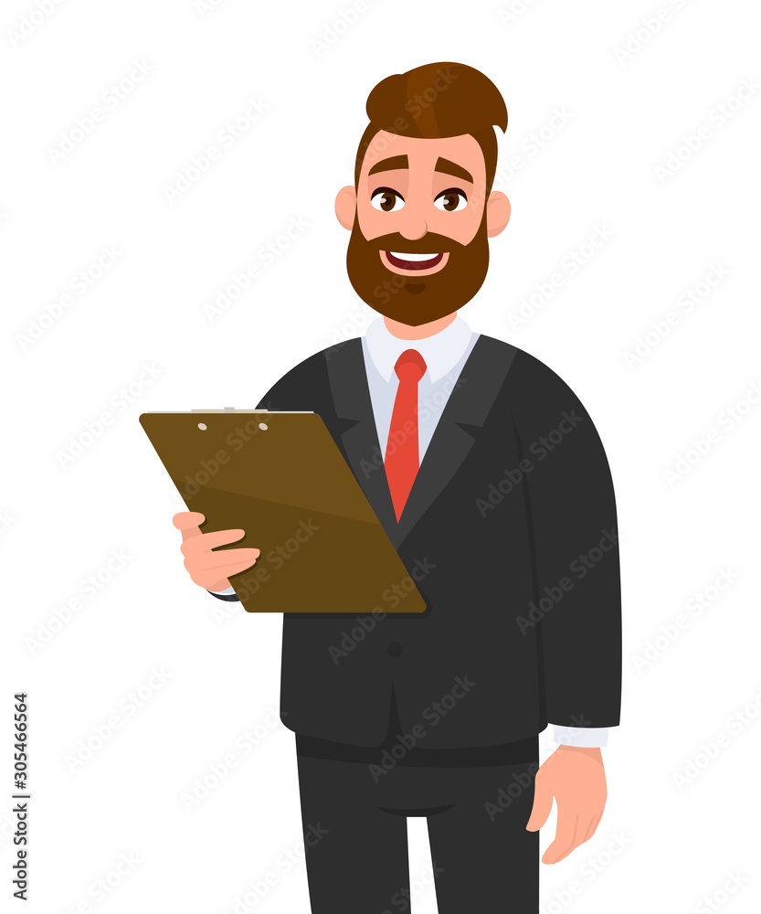 Happy young businessman in suit holding clipboard and posing hand on hip. Person keeping the file pad in hand. Male character design illustration. Modern lifestyle concept in vector cartoon style. Happy young businessman in suit holding clipboard and posing hand on hip. Person keeping the file pad in hand. Male character design illustration. Modern lifestyle concept in vector cartoon style.