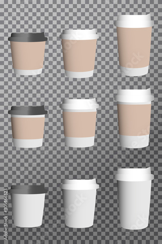 Blank paper cup, template. Realistic icon set Paper cup for tea or coffee. Vector