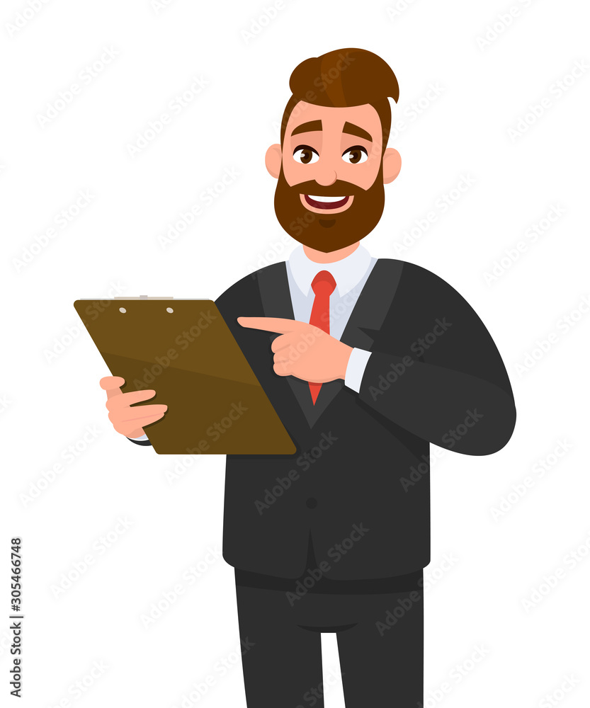 Young business man wearing a suit holding clipboard and pointing finger. Person keeping the file pad in hand. Male character design illustration. Modern lifestyle concept in vector cartoon style. Young business man wearing a suit holding clipboard and pointing finger. Person keeping the file pad in hand. Male character design illustration. Modern lifestyle concept in vector cartoon style.