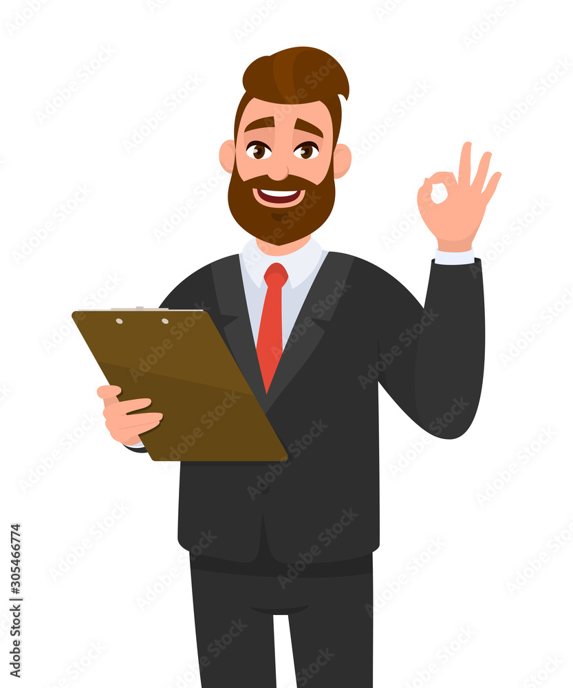 Positive young businessman wearing a suit holding clipboard and showing or making okay,OK gesture or sing with hand fingers. Person keeping the file pad in hand. Male character design illustration. Positive young businessman wearing a suit holding clipboard and showing or making okay,OK gesture or sing with hand fingers. Person keeping the file pad in hand. Male character design illustration.