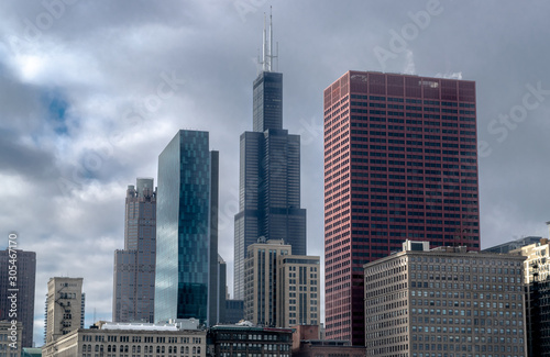 Skyline of Chicago on a Cloudy Evening - Chicago  Illinois  USA