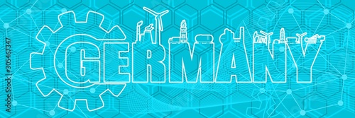 Energy and Power icons. Sustainable energy generation and heavy industry. Germany word decorated by gear. Horizontal industrial web banner