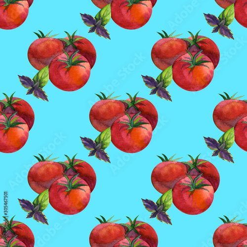 Watercolor seamless pattern with tomato. Hand drawing decorative background. Print for textile, cloth, wallpaper, scrapbooking