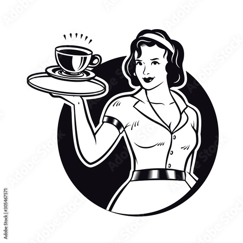 Retro Waitress Serving Coffee Clipart Illustration. Diner Waitress